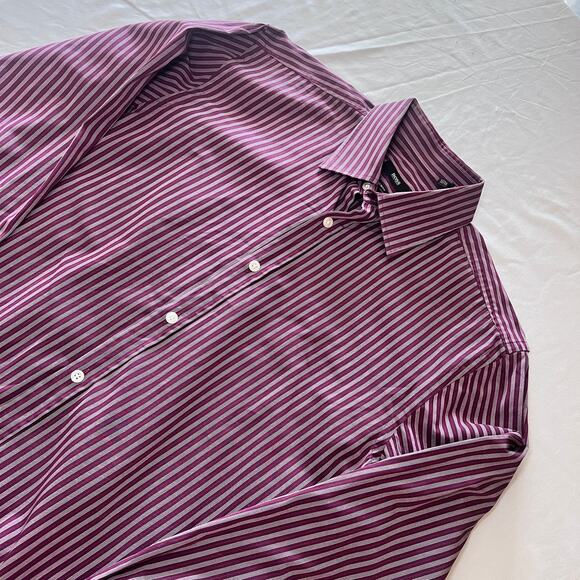 Hugo Boss Slim Fit Dress Shirt Men’s 15.5 32/33 Purple Pink Striped 100% Cotton - Picture 1 of 11